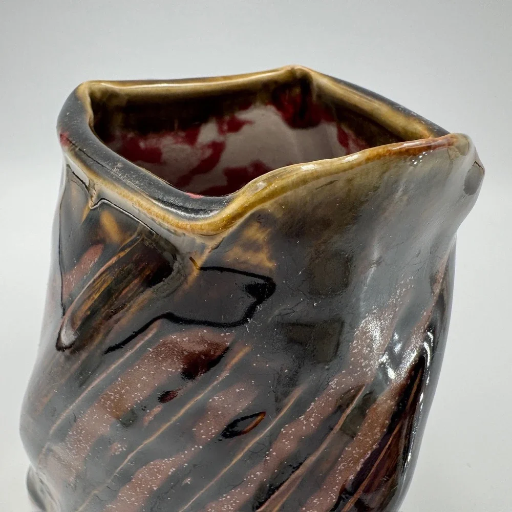 Studio Pottery Spiral Ribbed Pitcher Brown Tan Glossy Glaze Oxblood Red Interior